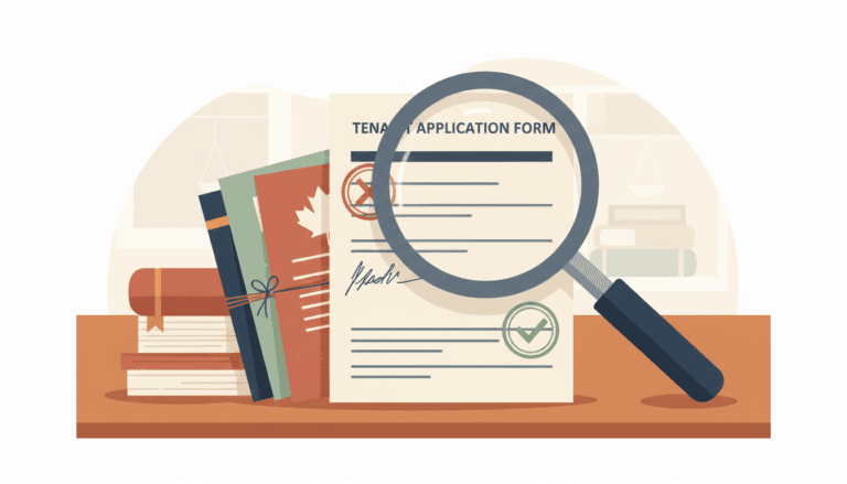 Illustration of tenant screening legality — a magnifying glass over a tenant application form with approval and rejection stamps, and Ontario legal documents on a wooden desk.