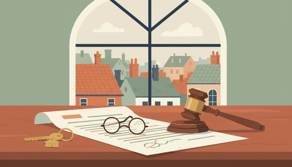 Illustration of rental law reform — a legislative bill on a polished desk with a wooden gavel, brass house keys, and reading glasses, with residential rooftops visible through a window.