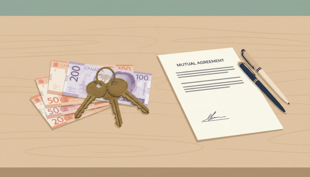 Illustration of a cash-for-keys agreement — brass house keys resting on a fan of Canadian banknotes, next to a signed mutual agreement document and two pens on a wooden desk.