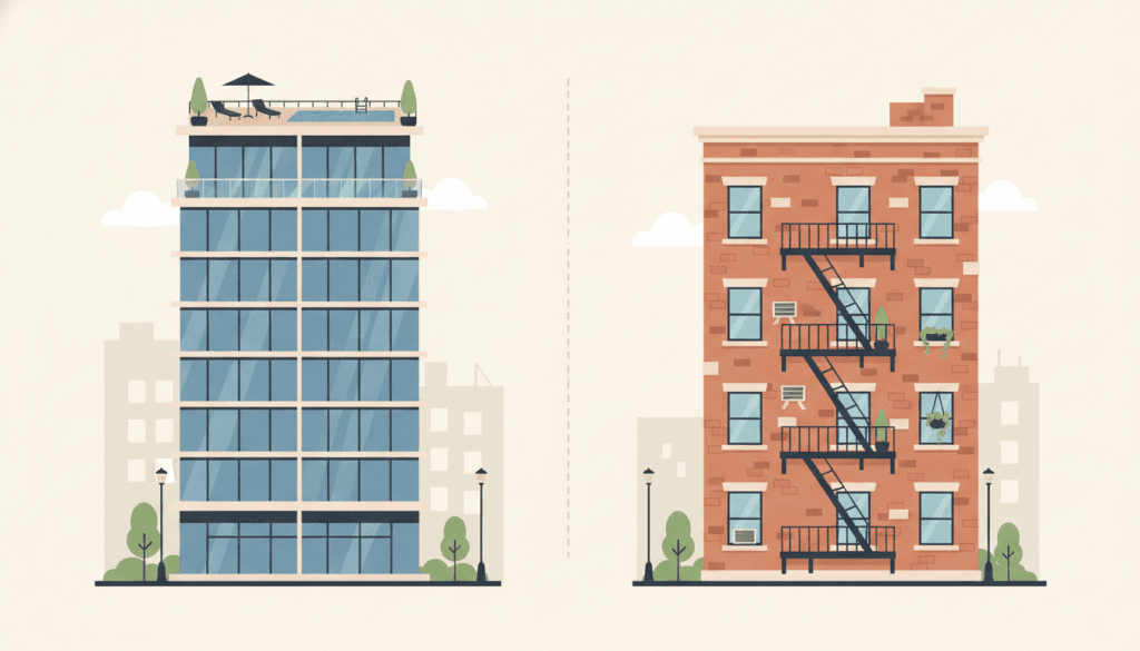 Illustration comparing condos and apartments — a split scene with a sleek modern glass condo tower on the left and a charming traditional brick apartment building with a fire escape on the right.