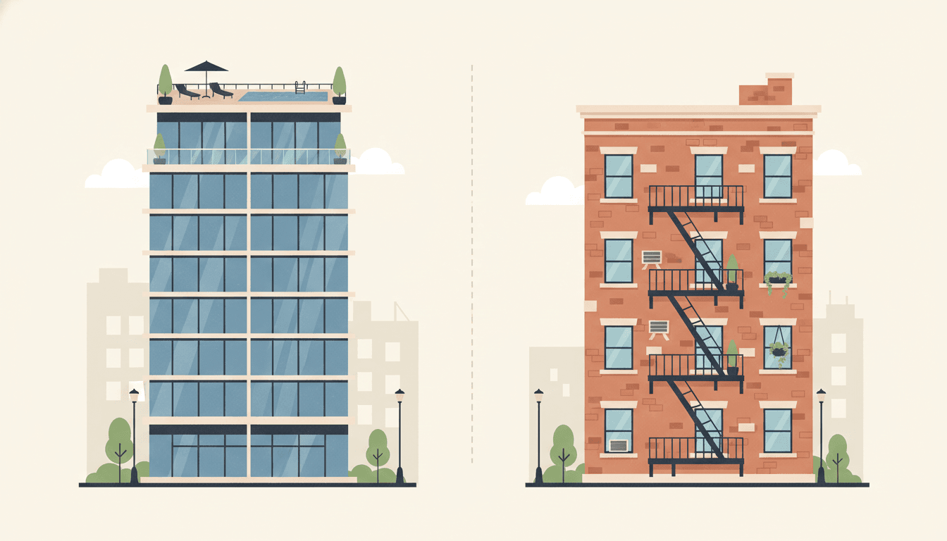 Illustration comparing condos and apartments — a split scene with a sleek modern glass condo tower on the left and a charming traditional brick apartment building with a fire escape on the right.