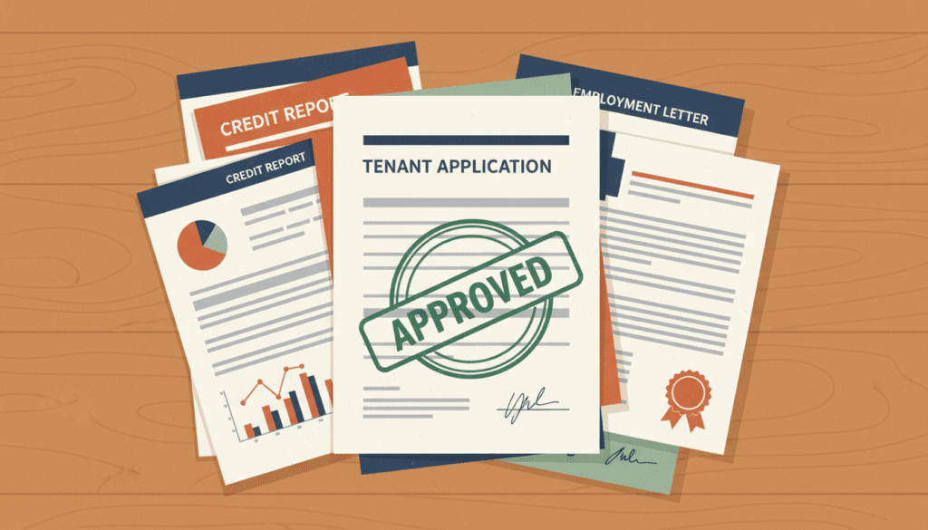 Illustration of preventing evictions through screening — a tenant application with a large green approved stamp, surrounded by a credit report, employment letter, and reference letter on a warm desk.