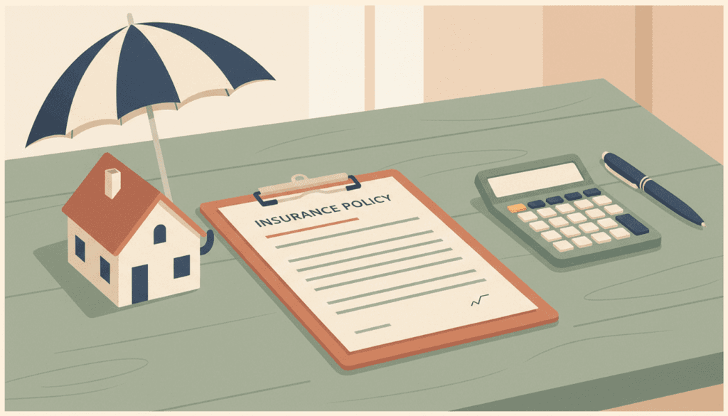 Illustration of landlord insurance — an insurance policy document on a clipboard on a warm desk, with a miniature house model sheltered by a striped umbrella, a calculator, and a pen.