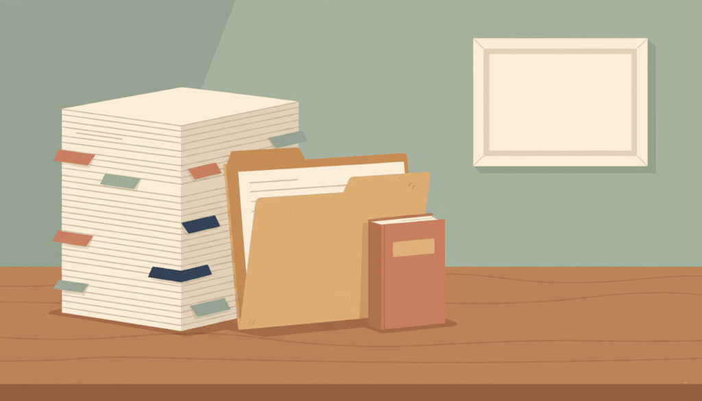 Illustration of LTB forms — neatly organized stacks of official forms with colored tab dividers in terracotta, navy, and sage, a manila filing folder, and a reference guide booklet.