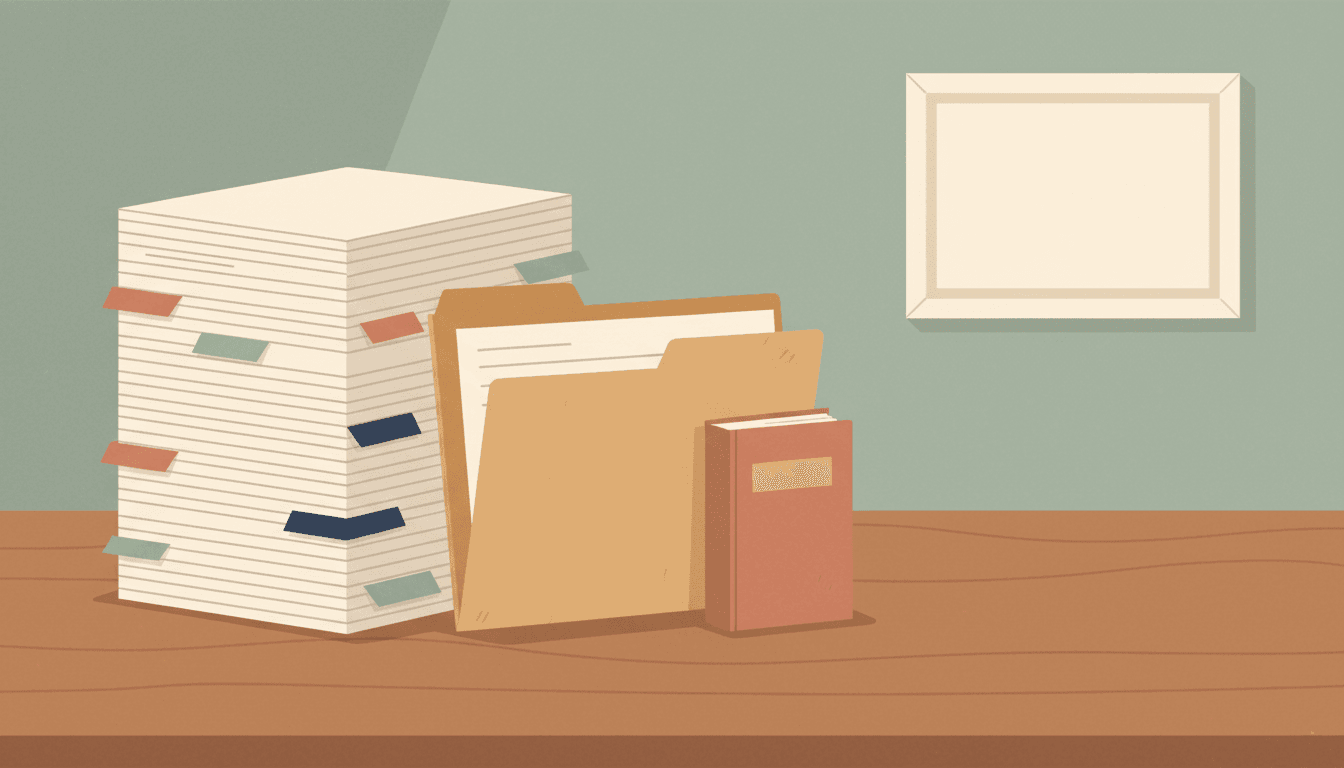 Illustration of LTB forms — neatly organized stacks of official forms with colored tab dividers in terracotta, navy, and sage, a manila filing folder, and a reference guide booklet.