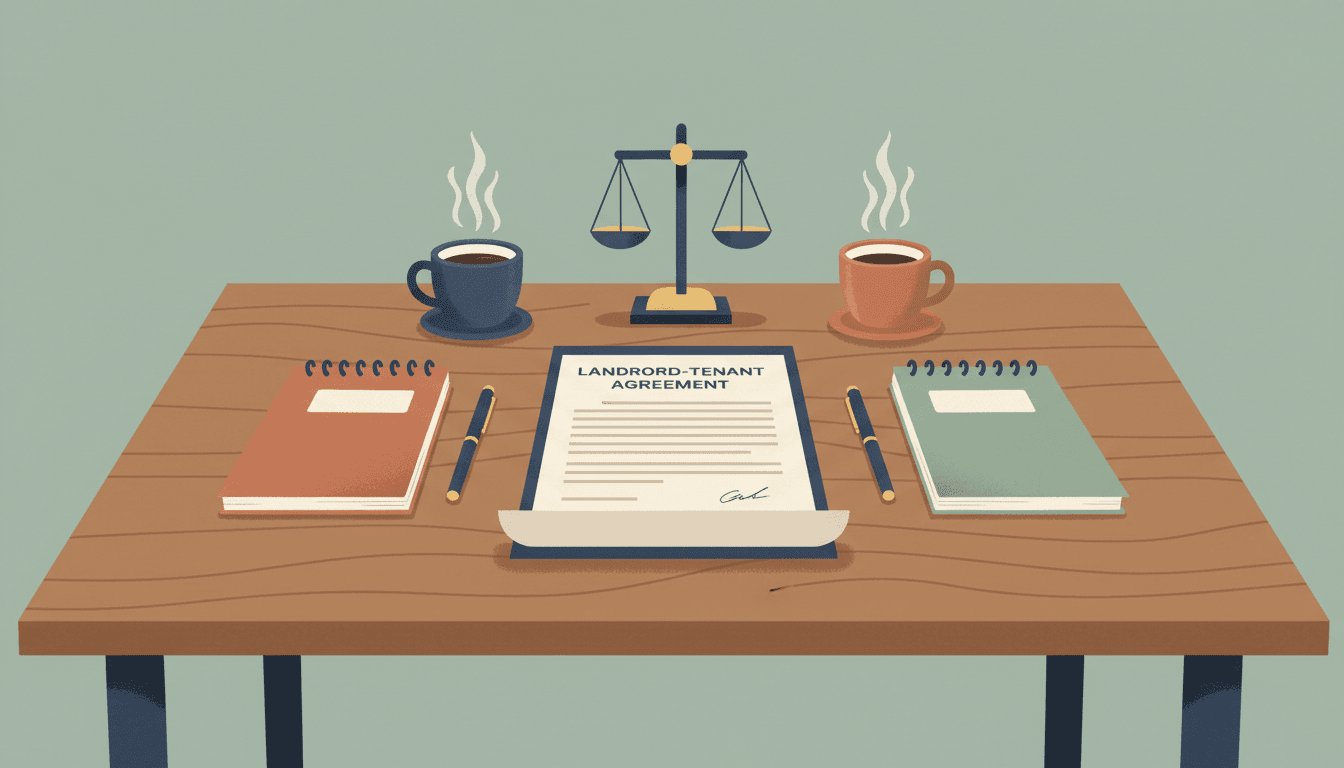 Illustration of landlord-tenant mediation — a mediation agreement in the center of a desk flanked by two notepads, with a scales-of-justice figurine and two coffee cups.
