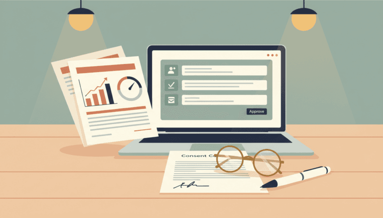 Illustration of a tenant credit check — a desk scene with a credit report showing a score gauge, a laptop displaying a screening portal, a consent form, reading glasses, and a pen.