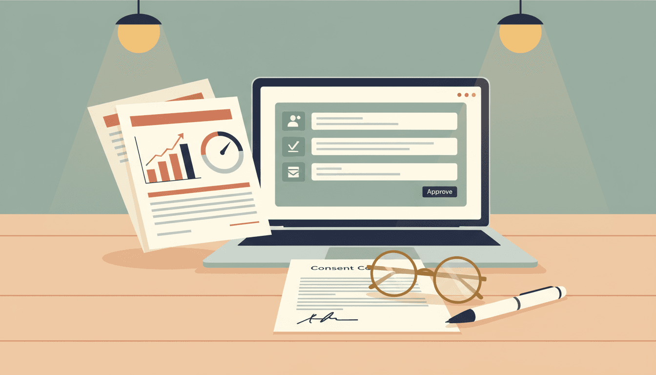 Illustration of a tenant credit check — a desk scene with a credit report showing a score gauge, a laptop displaying a screening portal, a consent form, reading glasses, and a pen.