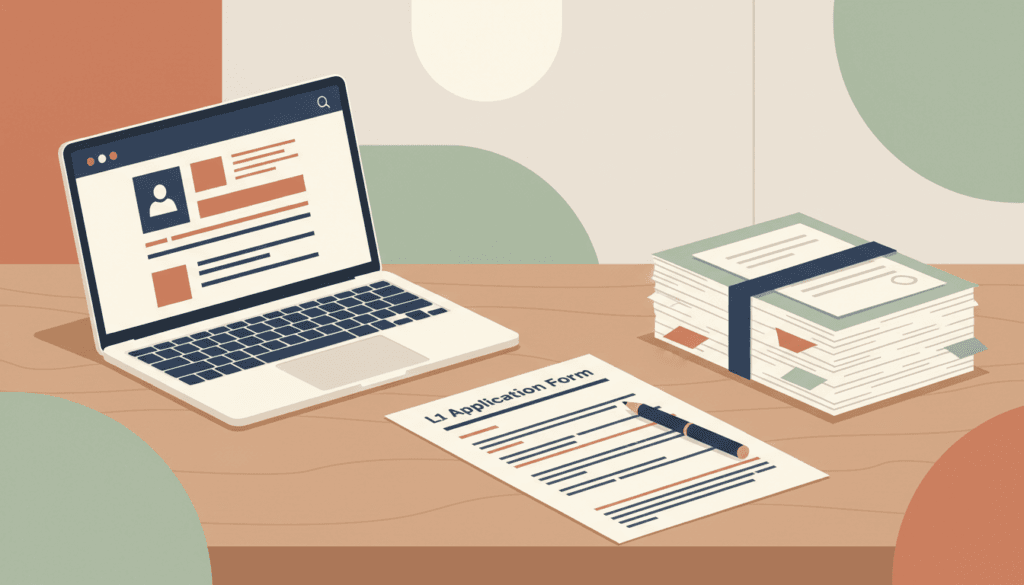 Illustration of LTB application forms — a desk with an L1 application form, a laptop open to a tribunal website, a pen, and a stack of supporting evidence documents.