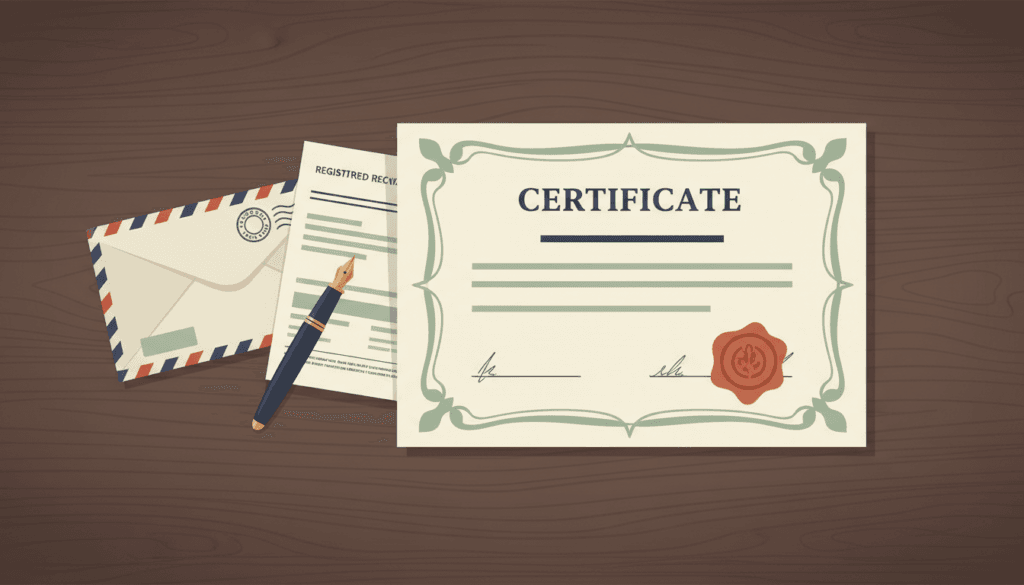 Illustration of legal document service — a formal certificate with an ornate border and wax seal on a dark wooden desk, next to a registered mail envelope, a delivery receipt, and a fountain pen.