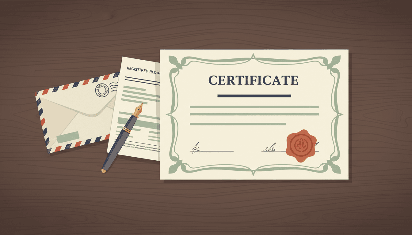 Illustration of legal document service — a formal certificate with an ornate border and wax seal on a dark wooden desk, next to a registered mail envelope, a delivery receipt, and a fountain pen.
