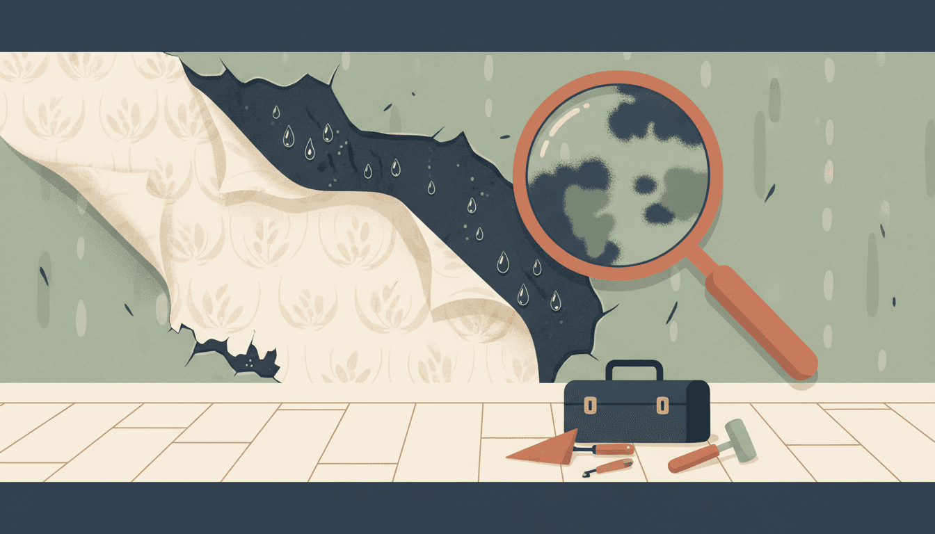 Illustration of mold in rental properties — a cross-section of an apartment wall showing moisture behind peeling wallpaper, a magnifying glass revealing mold growth, and a toolbox on the floor.