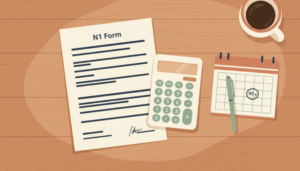 Illustration of a rent increase notice — a warm wooden desk with an official N1 form, a calculator, a desk calendar with a date circled 90 days ahead, a pen, and a coffee cup.