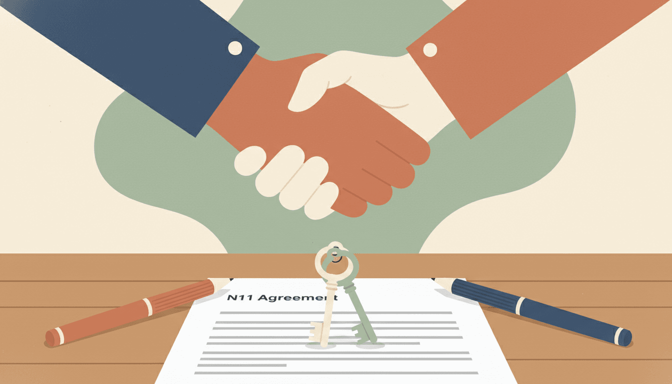 Illustration of mutual lease termination — an N11 agreement form on a desk with two pens on opposite sides, a handshake silhouette in the background, and keys in the center.