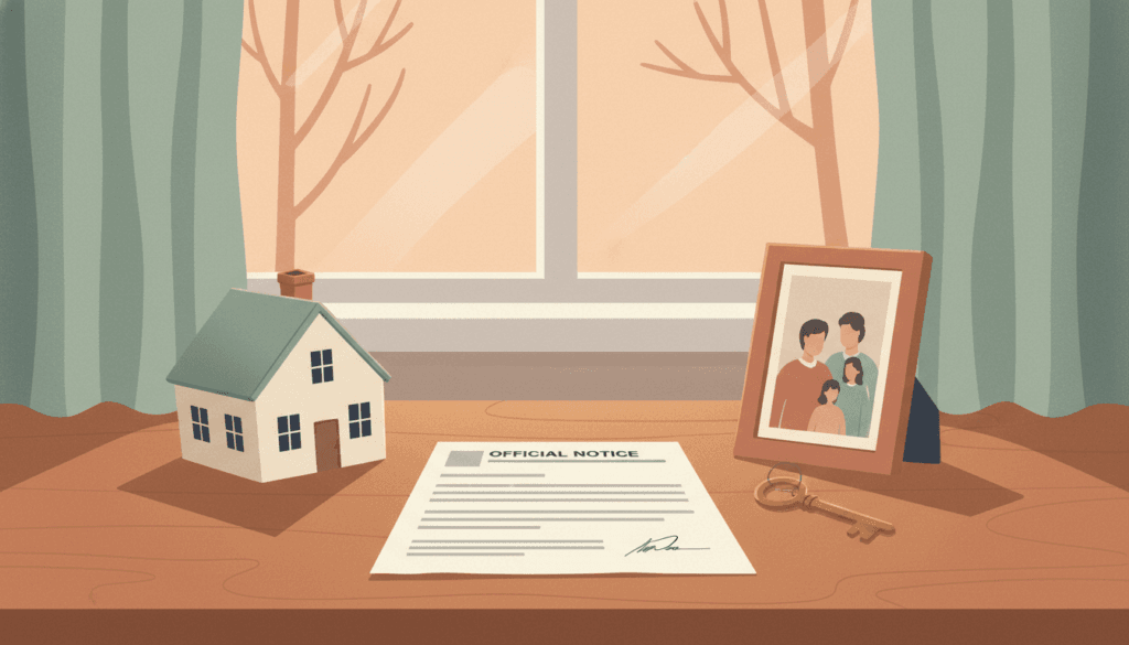 Illustration of a personal-use eviction notice — a warm wooden desk with an official notice form, a miniature house model, a family photo frame, and a set of keys by a window.