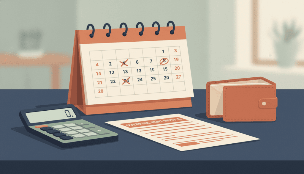Illustration of unpaid rent notices — an overdue notice form on a desk with a calendar showing late dates marked in red, a calculator, and an open empty wallet.