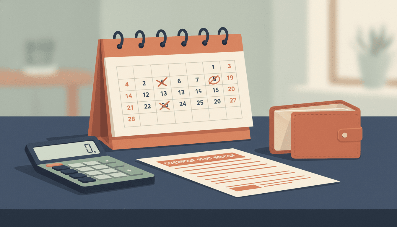 Illustration of unpaid rent notices — an overdue notice form on a desk with a calendar showing late dates marked in red, a calculator, and an open empty wallet.