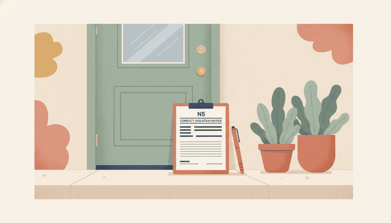 Illustration of N5 conduct violation notices — an official N5 notice form on a clipboard placed on a doorstep with a pen, outside an apartment door.