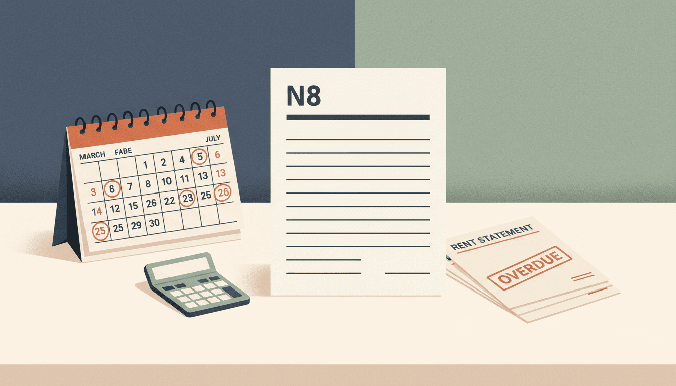 Illustration of persistent late payment notices — an N8 notice form on a desk with a calendar showing multiple months with red-circled late dates, a calculator, and overdue statements.
