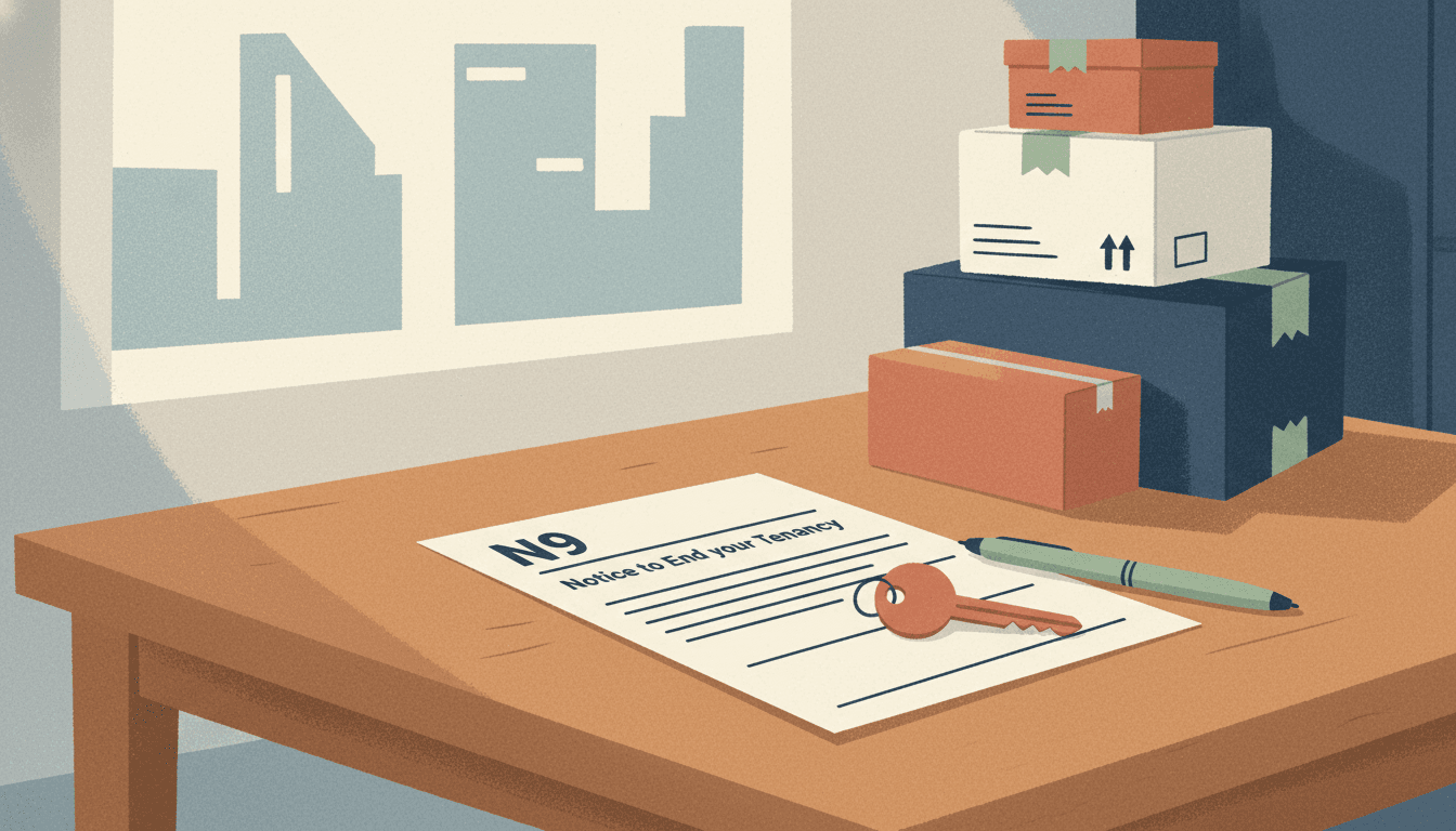 Illustration of tenants giving notice to vacate — an N9 notice form on a kitchen table with moving boxes stacked in the background, apartment keys on top, and a pen.
