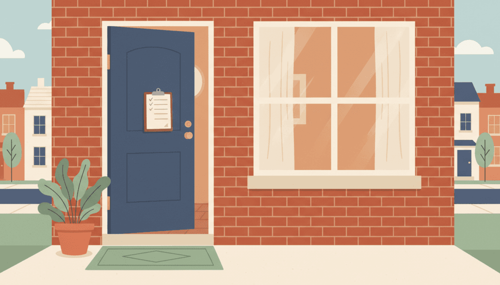 Illustration of a rental property occupancy check — the front entrance of a red brick home with the door ajar, a clipboard checklist on the handle, a welcome mat, and a potted plant.