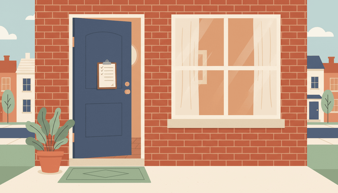 Illustration of a rental property occupancy check — the front entrance of a red brick home with the door ajar, a clipboard checklist on the handle, a welcome mat, and a potted plant.