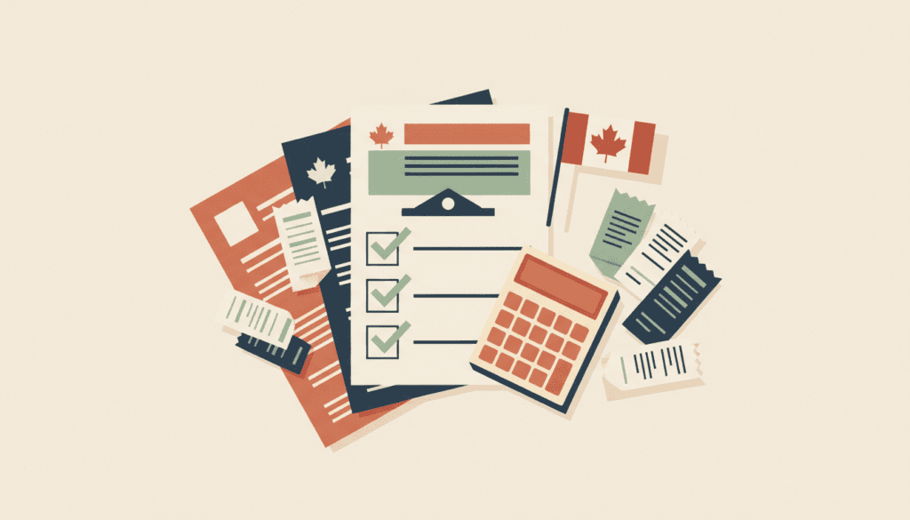 Illustration of tenant tax filing in Ontario — an overhead desk scene with Canadian tax forms, a checklist with checkmarks, a calculator, scattered receipts, and a Canadian flag pin.