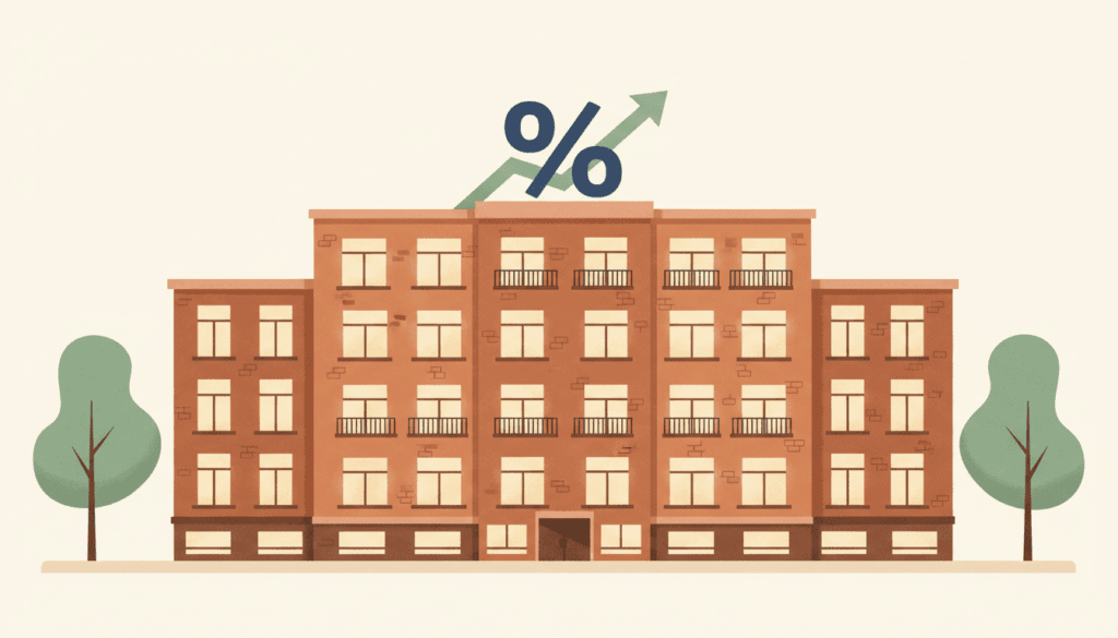 Illustration of Ontario rent control — a charming apartment building facade with warm-lit windows, a percentage symbol on the rooftop, and an upward arrow, flanked by trees on a residential sidewalk.