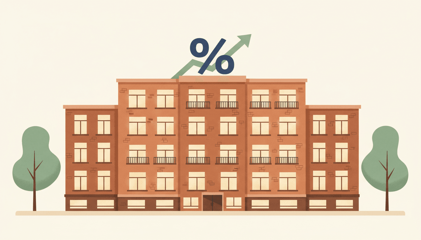 Illustration of Ontario rent control — a charming apartment building facade with warm-lit windows, a percentage symbol on the rooftop, and an upward arrow, flanked by trees on a residential sidewalk.