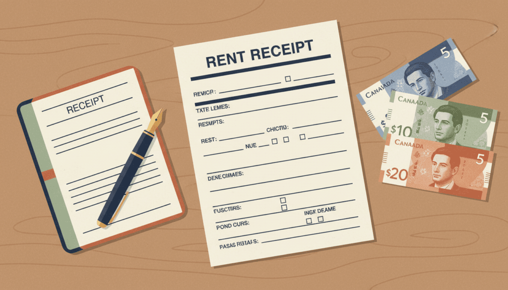 Illustration of rent receipts — a neatly printed rent receipt form on a wooden desk next to a receipt book, a fountain pen, and Canadian banknotes.