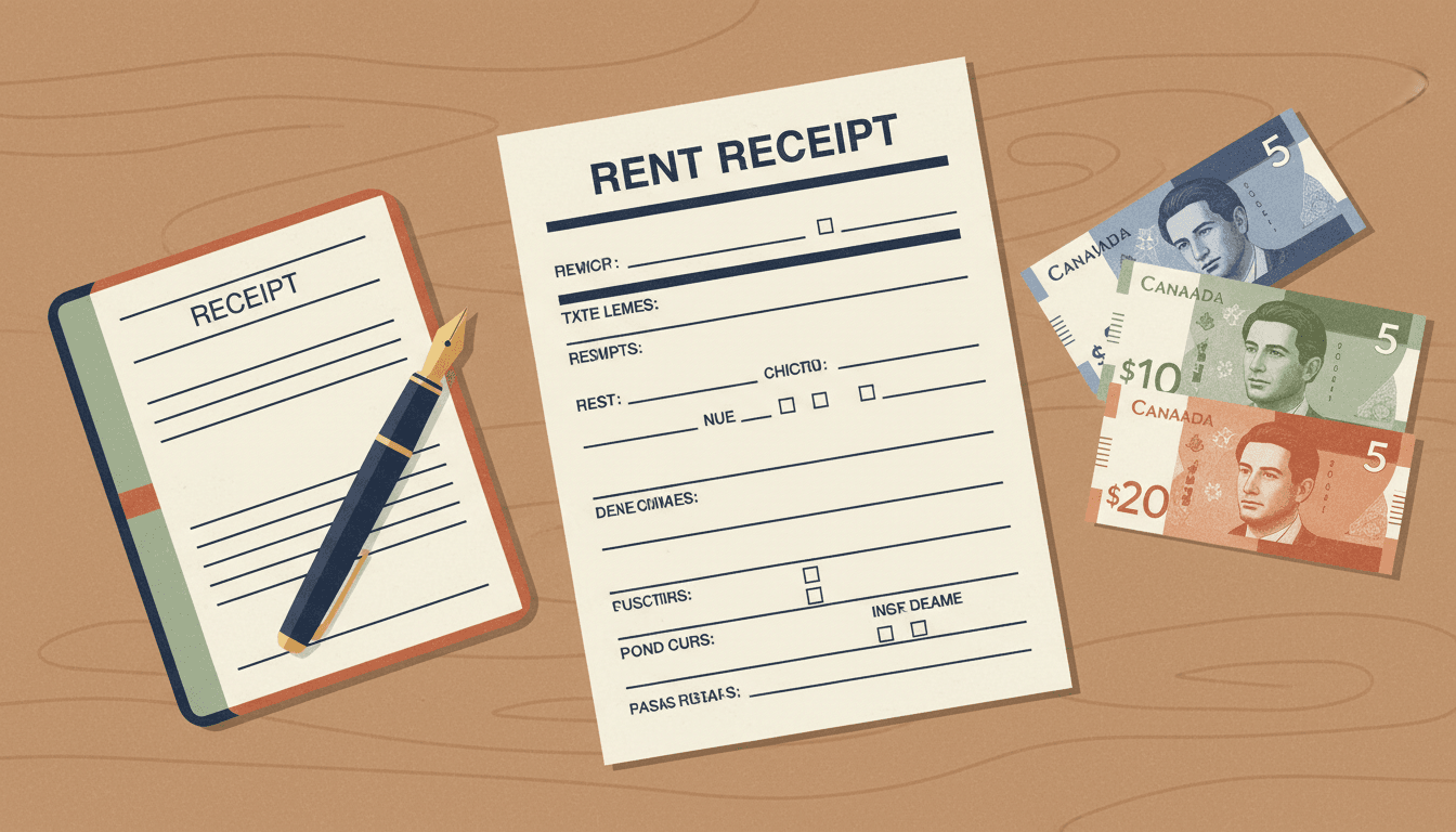 Illustration of rent receipts — a neatly printed rent receipt form on a wooden desk next to a receipt book, a fountain pen, and Canadian banknotes.