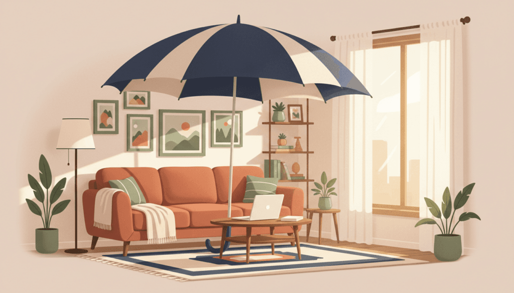 Illustration of tenant insurance coverage — a cozy apartment living room with furniture sheltered under a large protective umbrella, and an open insurance policy booklet on the coffee table.